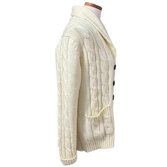 Vintage Wickbury Cable Knit Cardigan S Cream Shawl Collar Wood Buttons Cozy - Picture 8 of 10